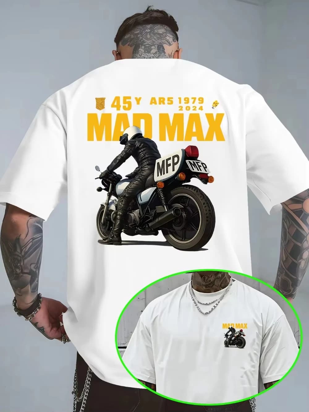 T-shirt pour homme avec un mini-imprimé simple sur le devant et un motif MAD MAX Hardcore Biker sur