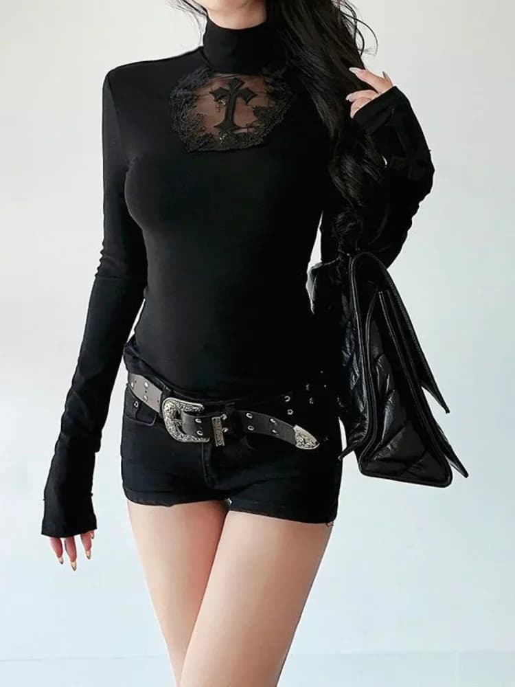 T-shirt col roulé Y2K noir gothique à croix évidée, coupe ajustée, manches longues, sexy, pour femme