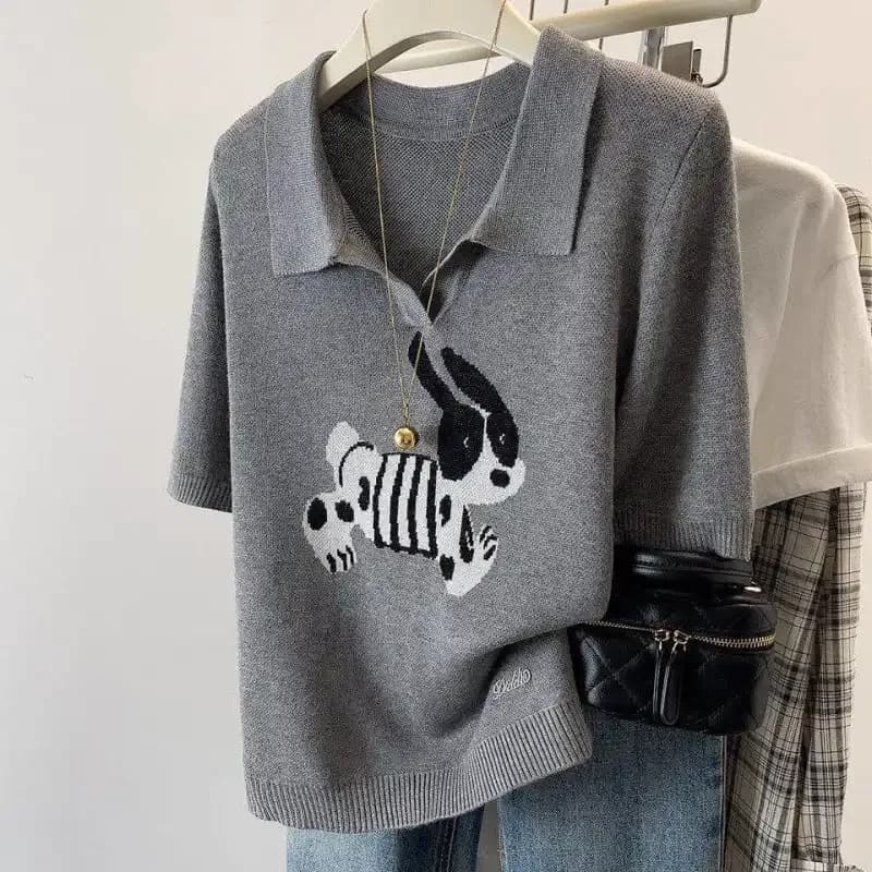 T-shirt ample en jacquard à motif dessin animé pour femme, tricot décontracté d'été à manches courte