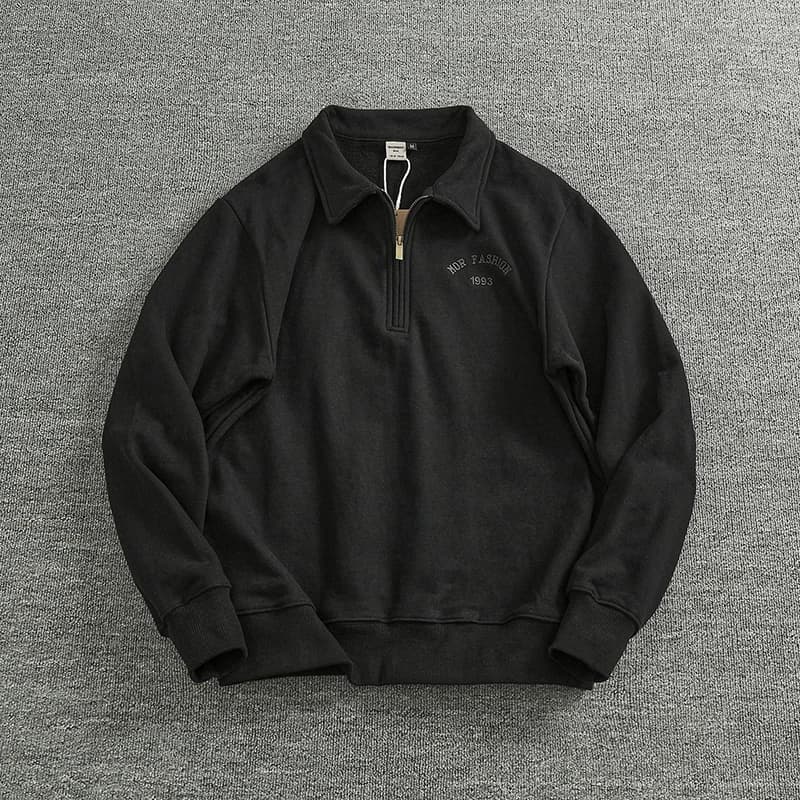 Sweat à capuche à revers demi-fermeture éclair pour hommes, coton épais, laine, cercle, plus polaire