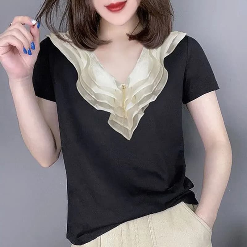 T-shirt patchwork à volants multicouches pour femmes, pulls assortis, vêtements élégants, col en V, 
