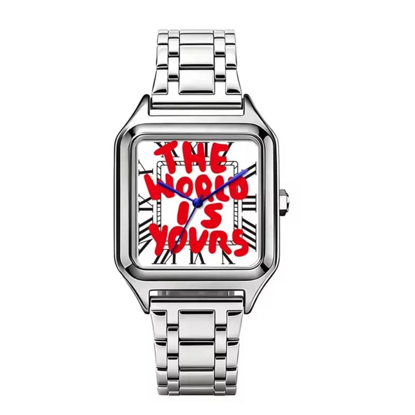 Nouvelle Montre Homme Créative 2026 « L'argent est du temps » Carrée de Luxe à Quartz Cadran Graffit