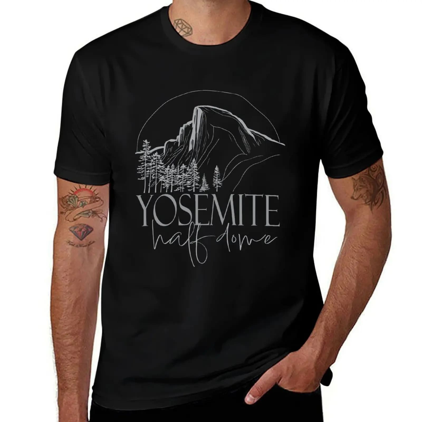 T-shirt à manches courtes avec motif en ligne ébauchée du parc national de Yosemite, style streetwea