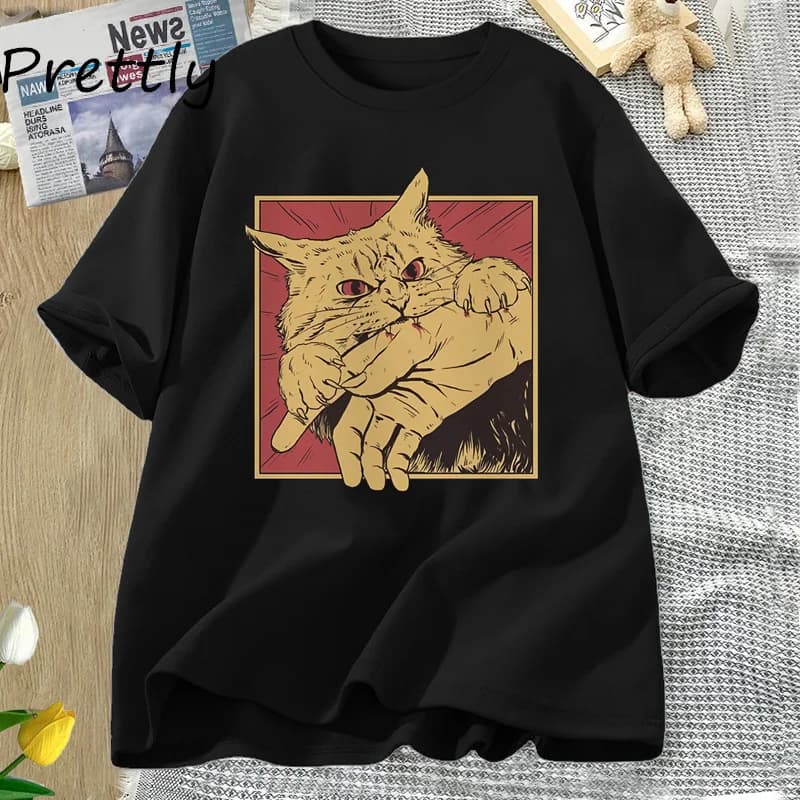 Vintage chat morsure t-shirt japonais horreur rétro graphique t-shirt horreur chats fou t-shirts hom