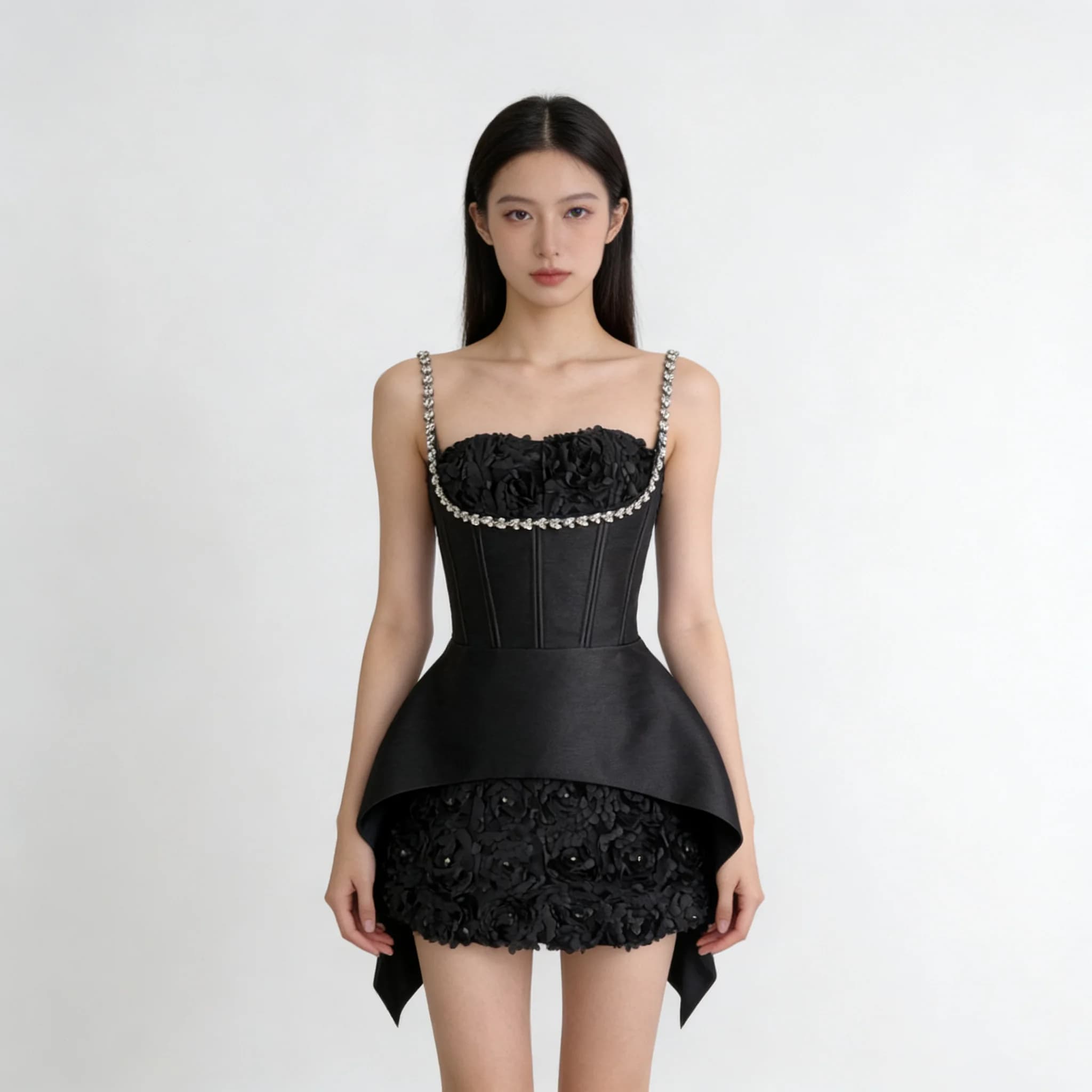 NOVA Sexy bretelles 3D fleur strass garniture femmes Mini robe Corset Peplum noir blanc fête soirée