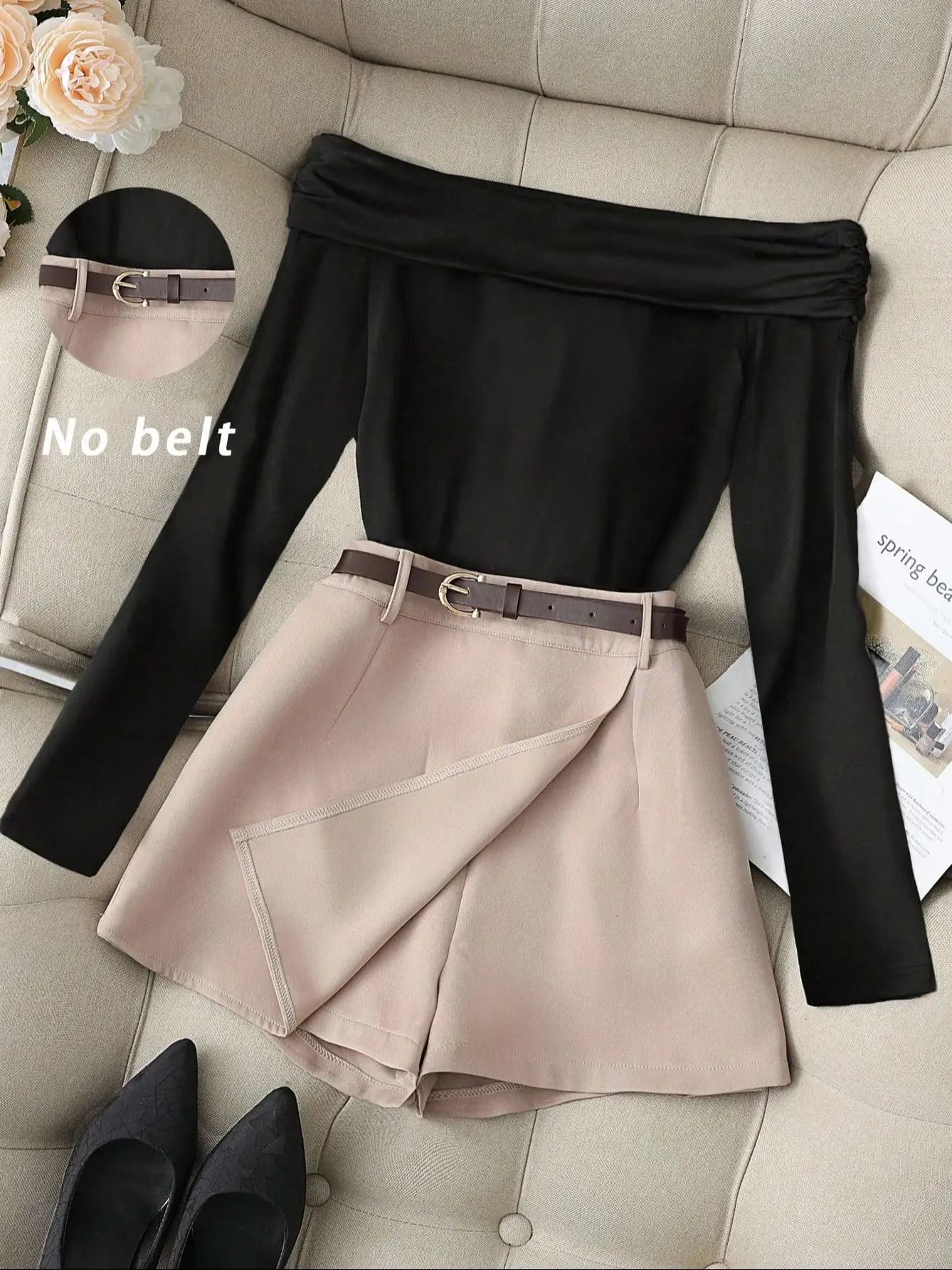 Ensemble haut à manches longues et épaules dénudées bordeaux pour femme et jupe-culotte noire, tenue