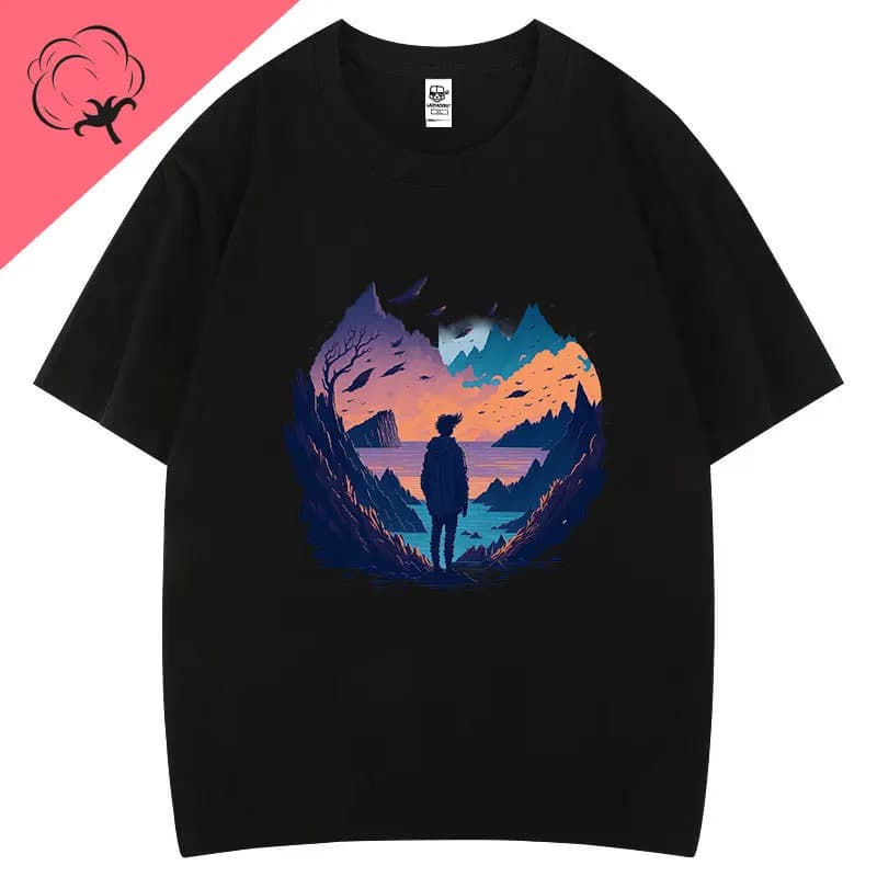 Un bateau sur une plage trtopicale au coucher du soleil et au soleil, t-shirt décontracté en coton à
