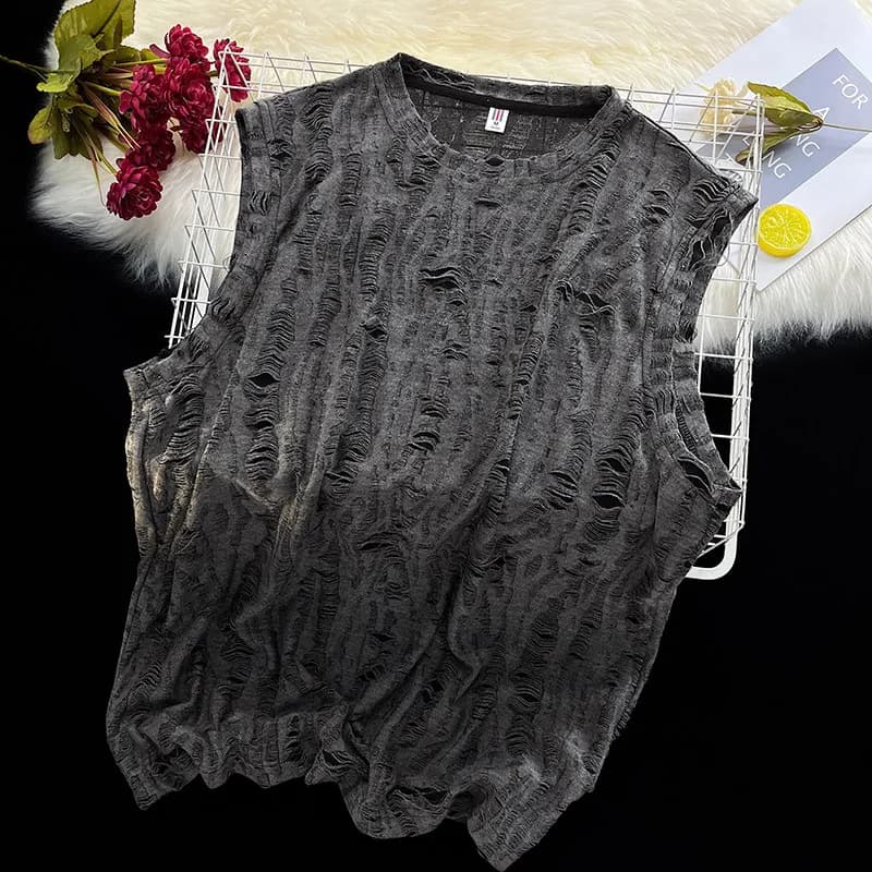 T-shirt sans manches déchiré style coréen American High Street, design de niche, gilet d'été sport f