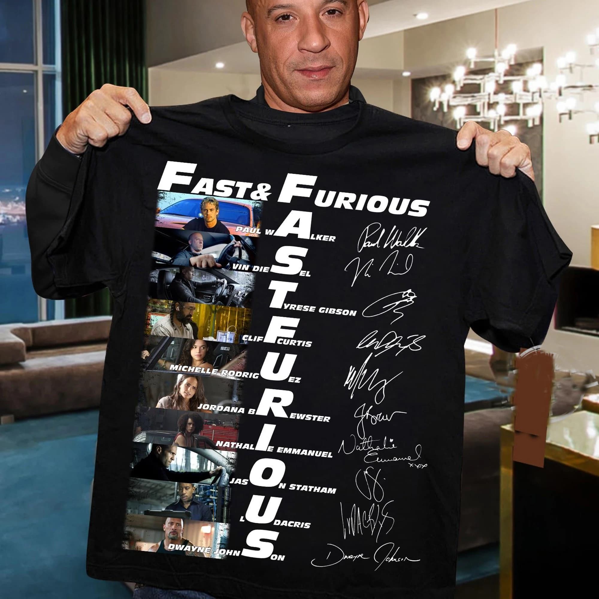 Rapide. Et. T-shirt pour hommes avec signatures de personnages furieux. T-shirt unisexe à manches co