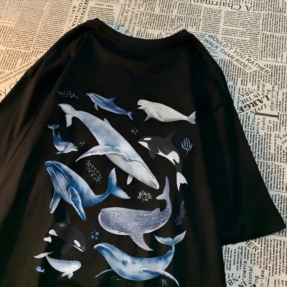 T-shirt Vintage Baleines et Animaux Marins, Motif Orca et Dauphin, Esthétique Streetwear Harajuku, U