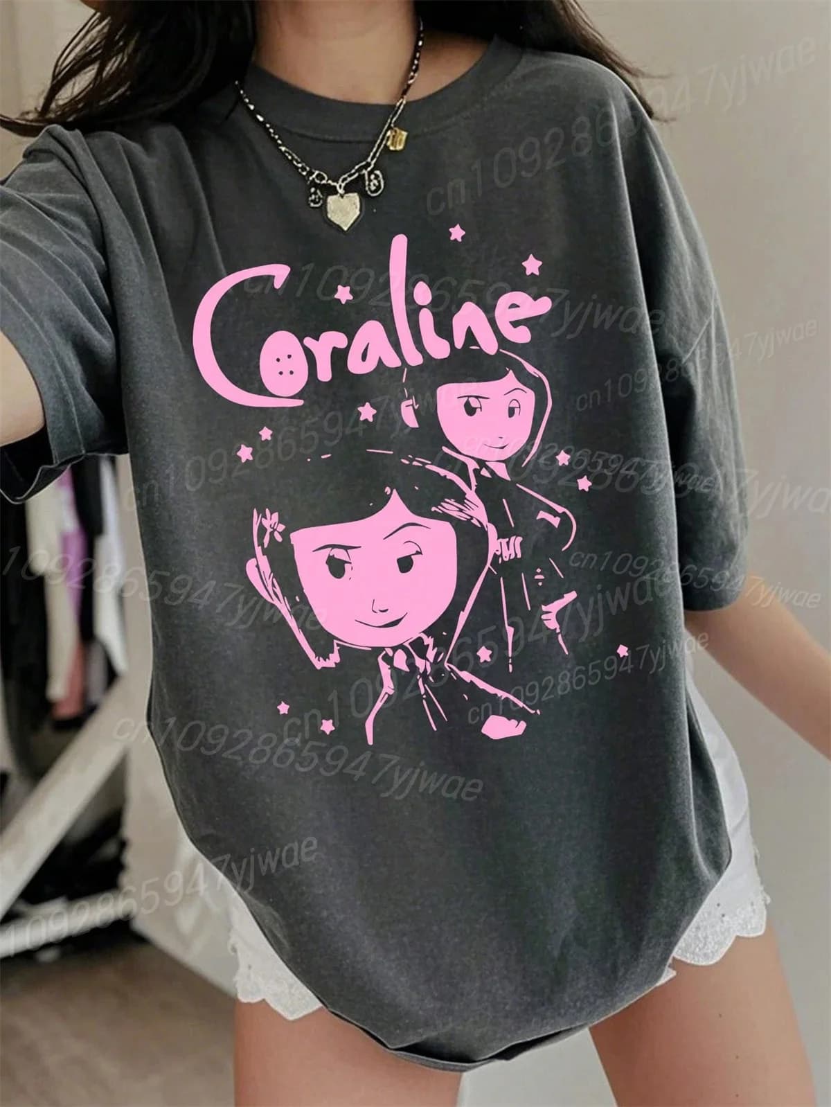 T-Shirt en coton de haute qualité pour femmes Coraline graphique 3d à manches courtes col rond ample