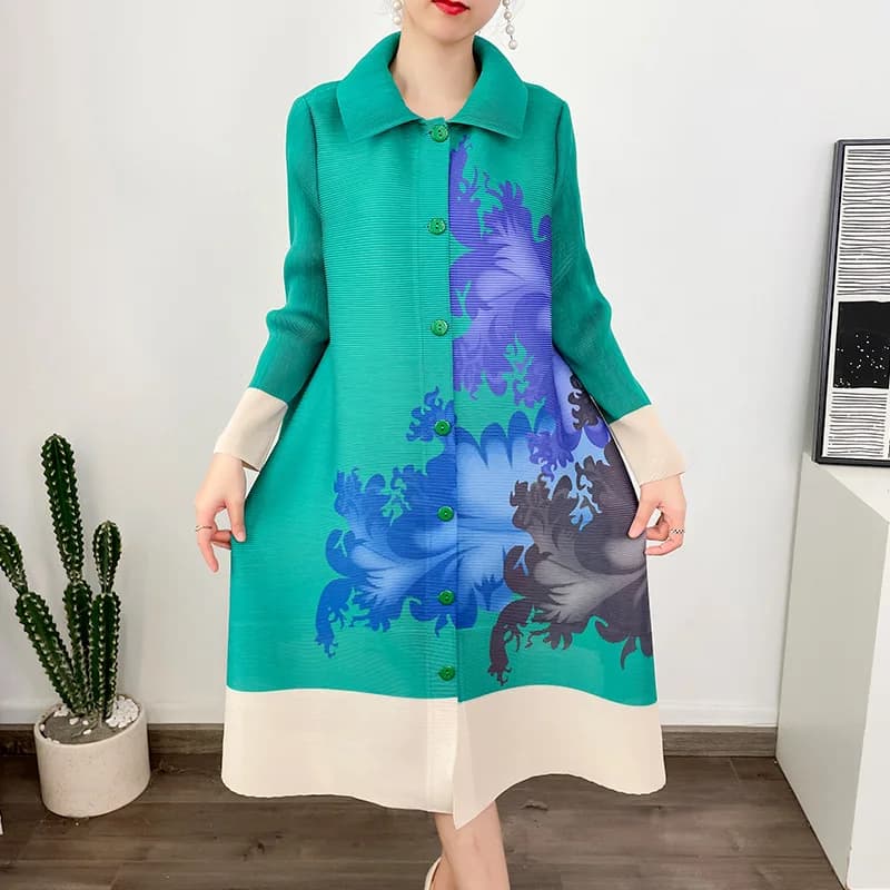 Robe midi imprimée lys, style nouveau, avec col plissé, polyvalente et sophistiquée, dotée d'une fer