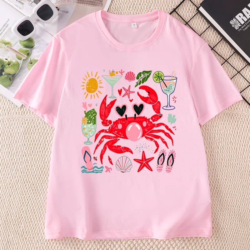 T-shirt graphique amusant avec crabe soufflant des bulles, T-shirt d'été pour la plage, T-shirt impr