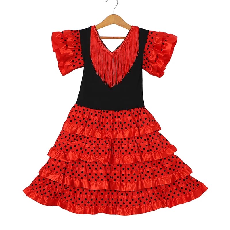 Robe de danse traditionnelle espagnole pour filles, robe de Festival à pois avec pompon, quatre coul