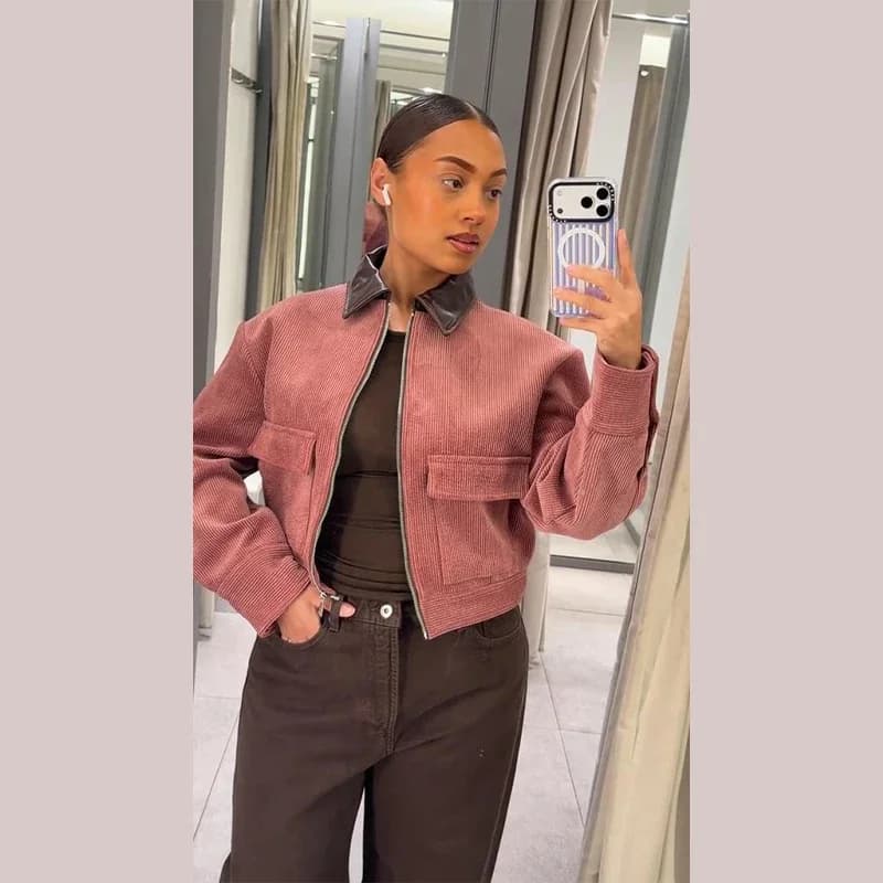 Blouson en velours côtelé pour femme, style urbain, avec col contrastant en similicuir PU, coupe cou