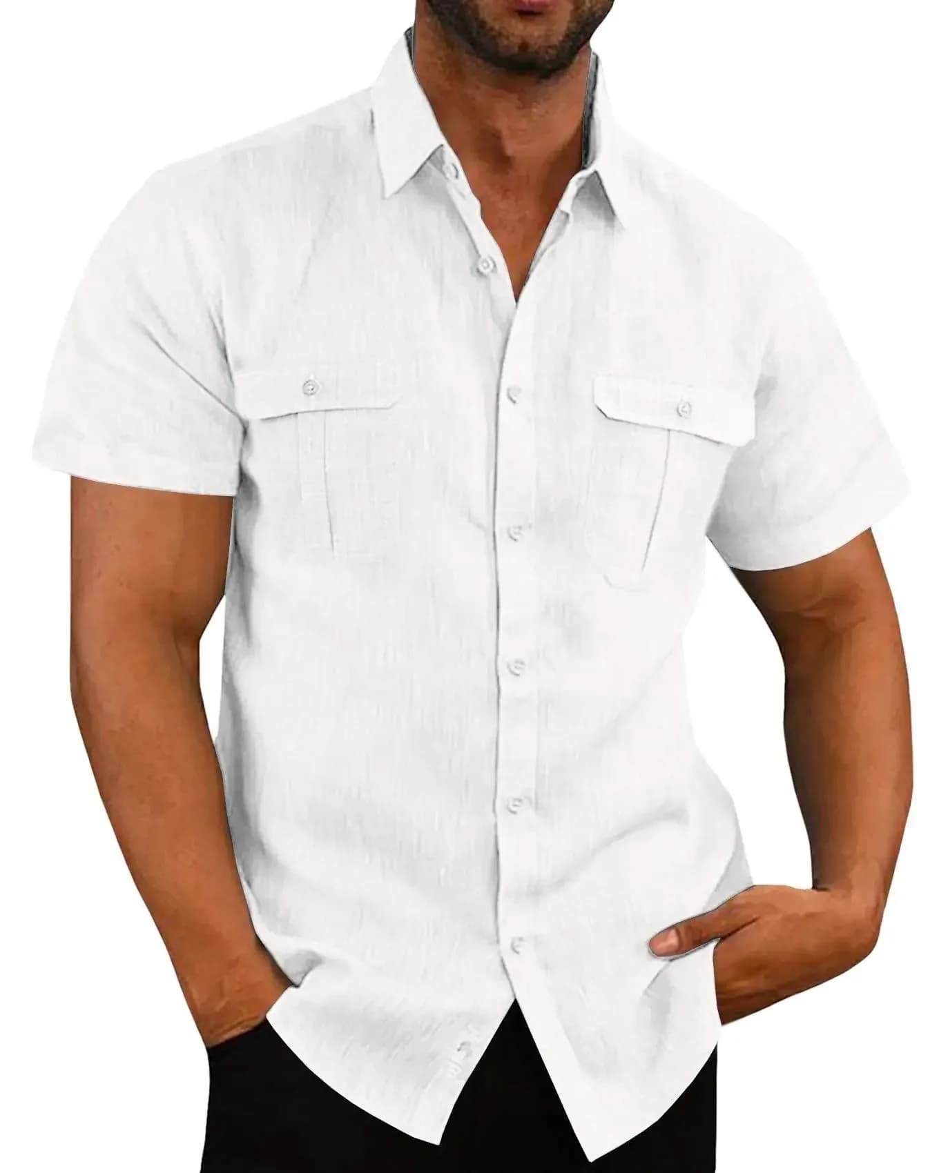 Chemises à manches courtes pour hommes, en coton et lin, couleur unie, col montant, décontractées, S