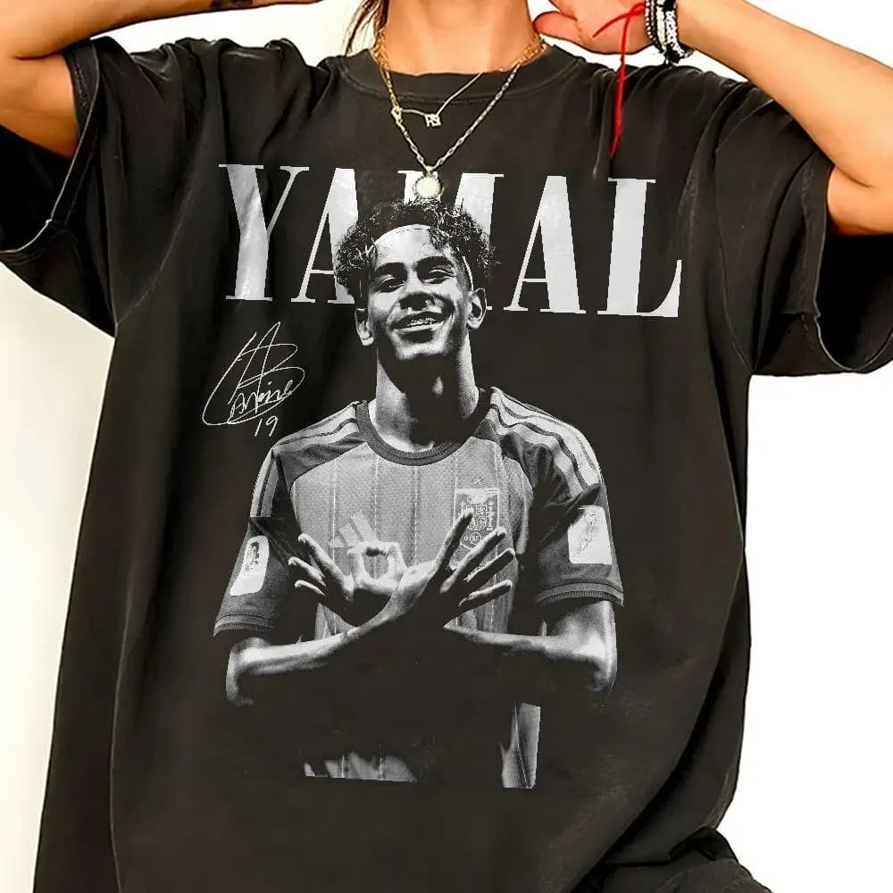 T-shirt de football vintage signature Lamine Yamal Espagne, confortable, unisexe, pour les fans du c