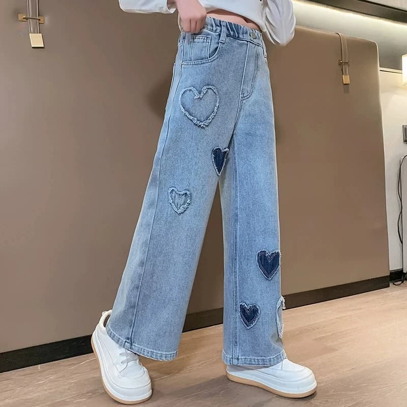 Jeans pour adolescentes, pantalons brodés d'amour pour enfants, pantalons d'automne en Denim à jambe