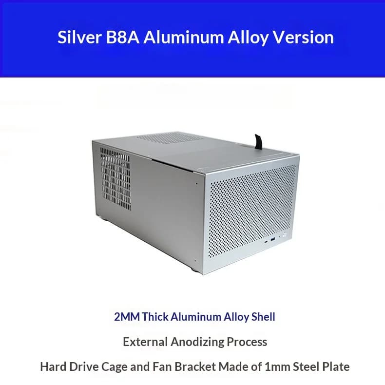Boîtier NAS B8A 8 baies en aluminium, châssis MATX ATX, alimentation à échange à chaud, backplane SA
