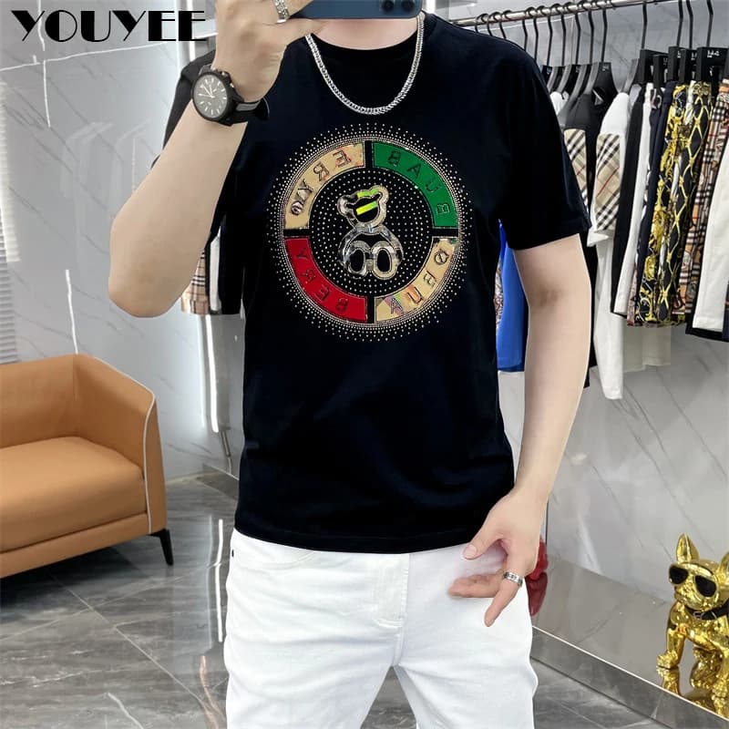 T-shirt homme marque de mode ours impression hommes t-shirts haute qualité coton mercerisé mince hom