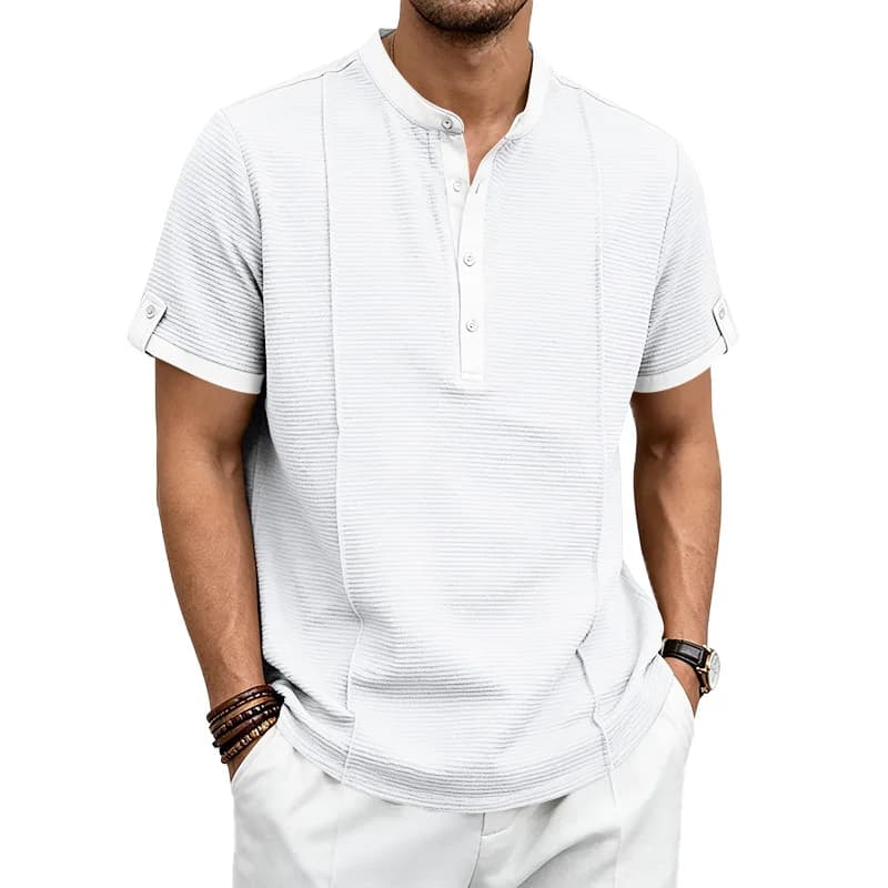 T-shirt Henley à col montant gaufré pour homme 2026, décontracté, à manches courtes avec patte de bo