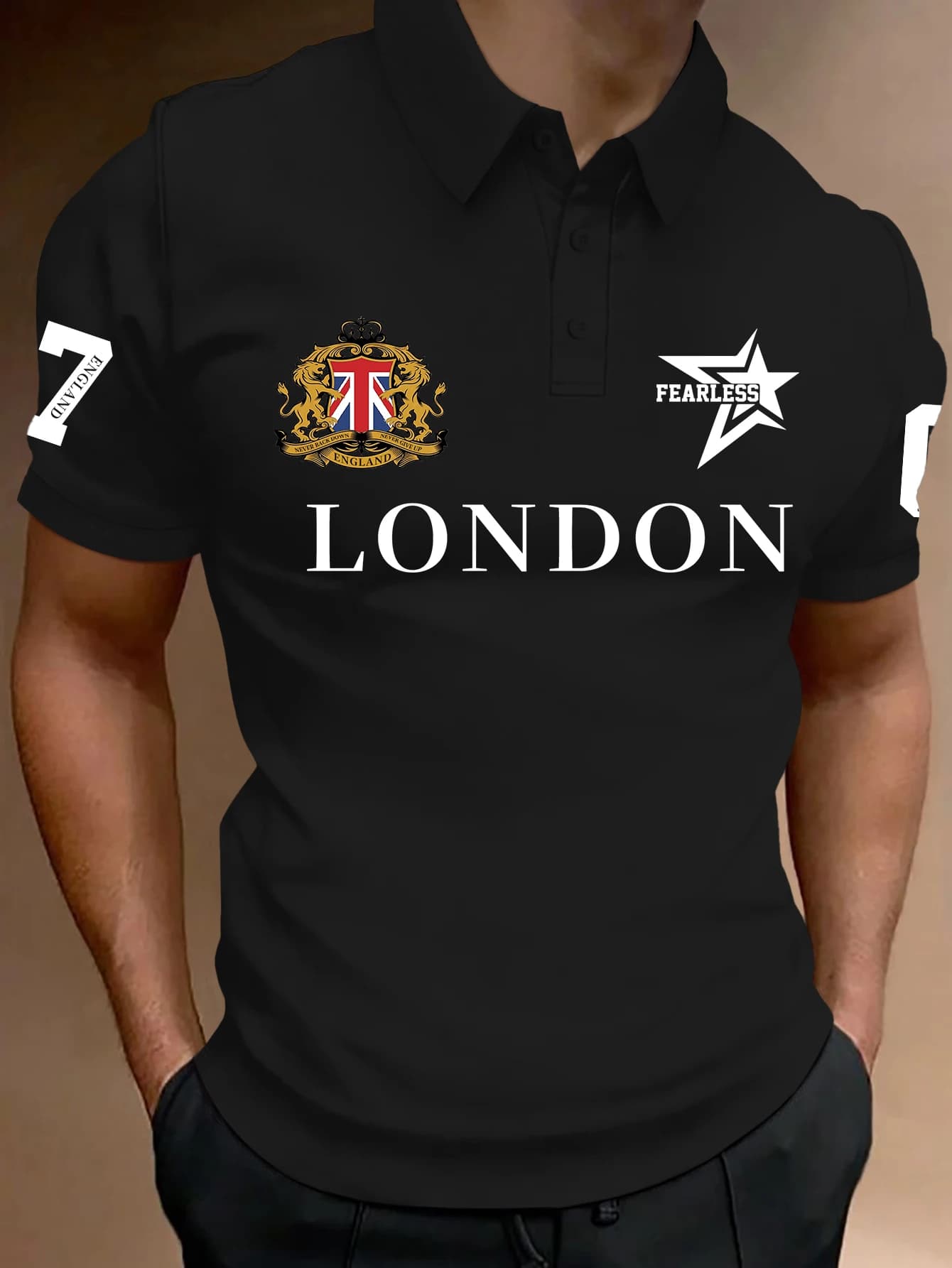 Polo pour homme style universitaire London avec imprimé Union Jack, col rabattu, manches courtes, en