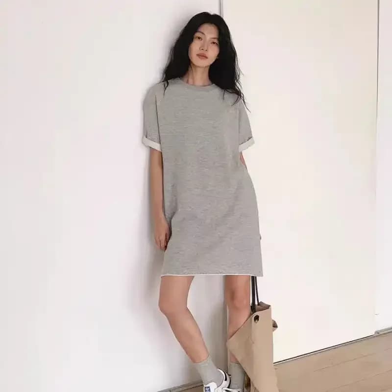 Robe T-shirt grise en tissu éponge à manches retroussées pour femme, coupe ample et décontractée, lo