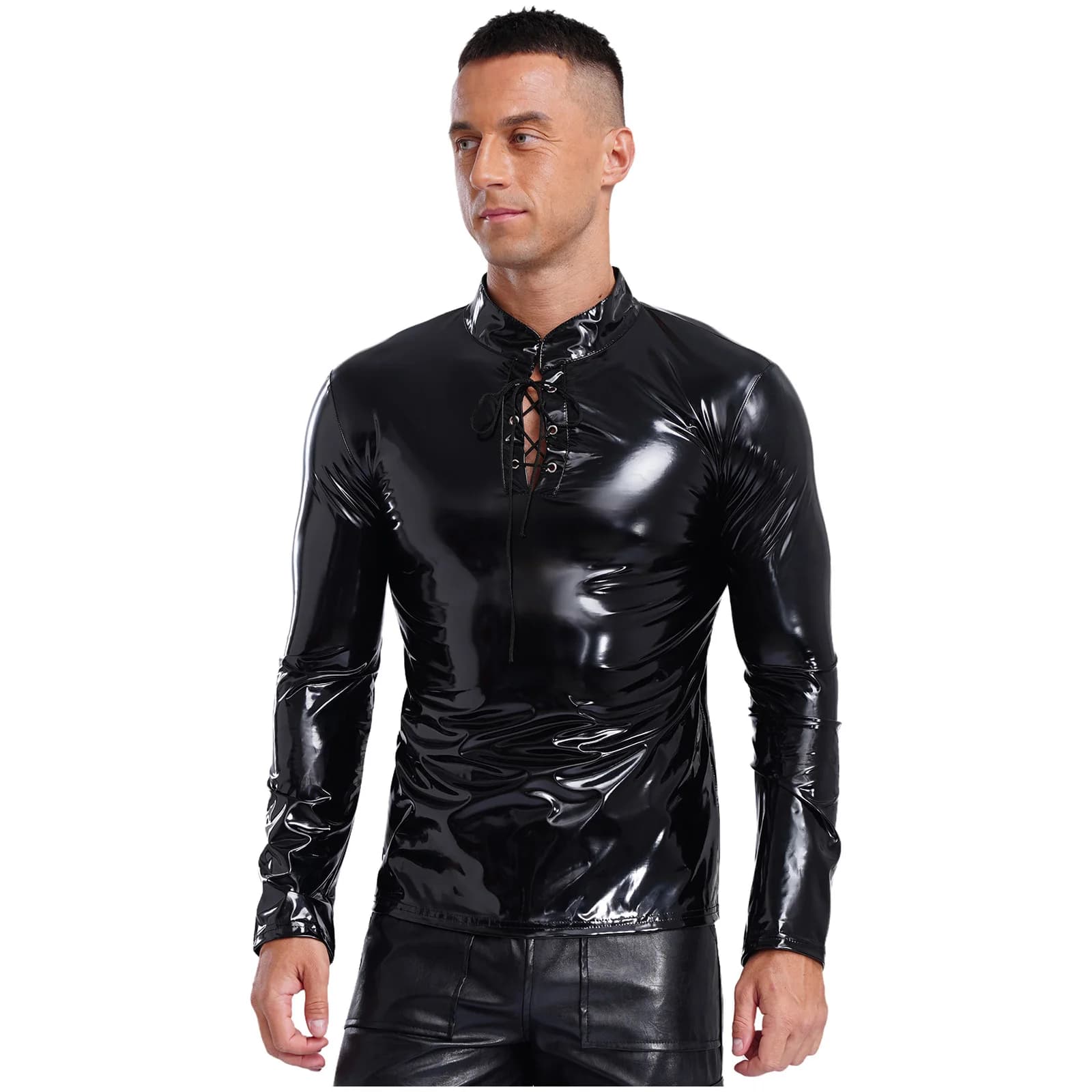 Hommes brillant Punk PU cuir T-shirt haut en cuir PU compression coupe ajustée débardeur moteur cycl