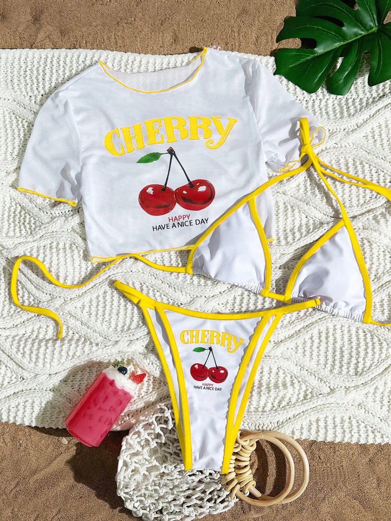 Ensemble de tablier de Bikini imprimé cerise, maillot de bain trois pièces pour femmes avec ceinture