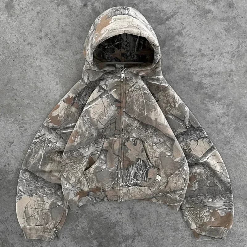 Sweat à capuche Vintage à fermeture éclair pour hommes, motif de Camouflage, fermeture éclair, High 