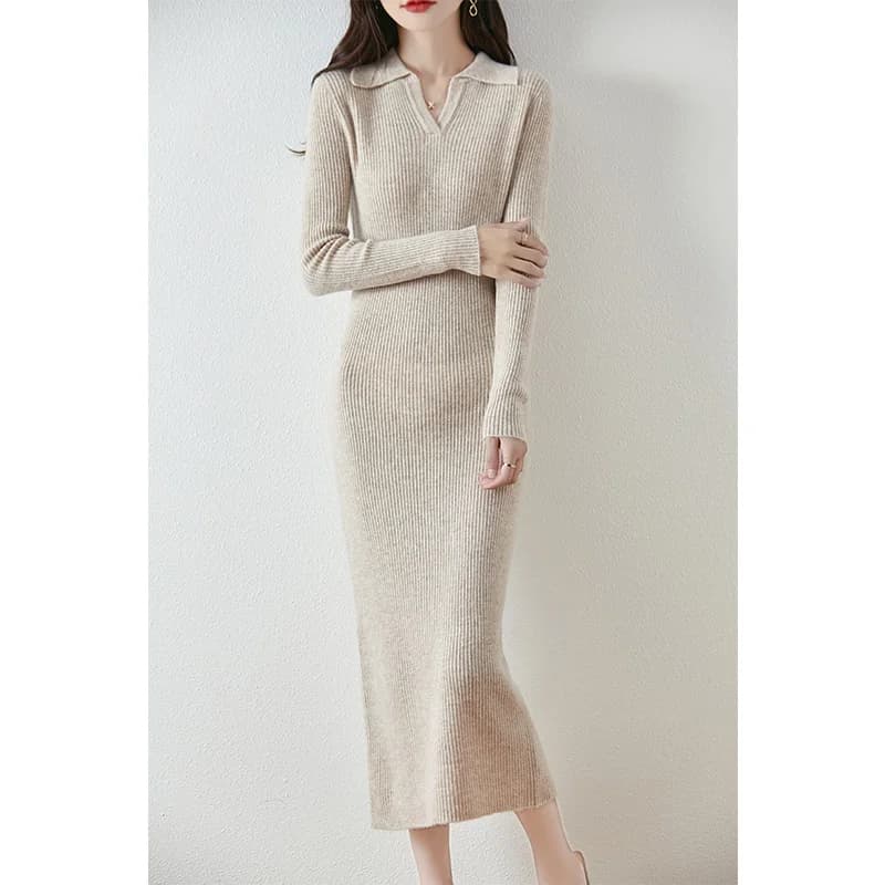 Robe Tricotée en Laine Mérinos pour Femme, Décontractée, Chaude, Revers, Longue, Nouvelle Collection