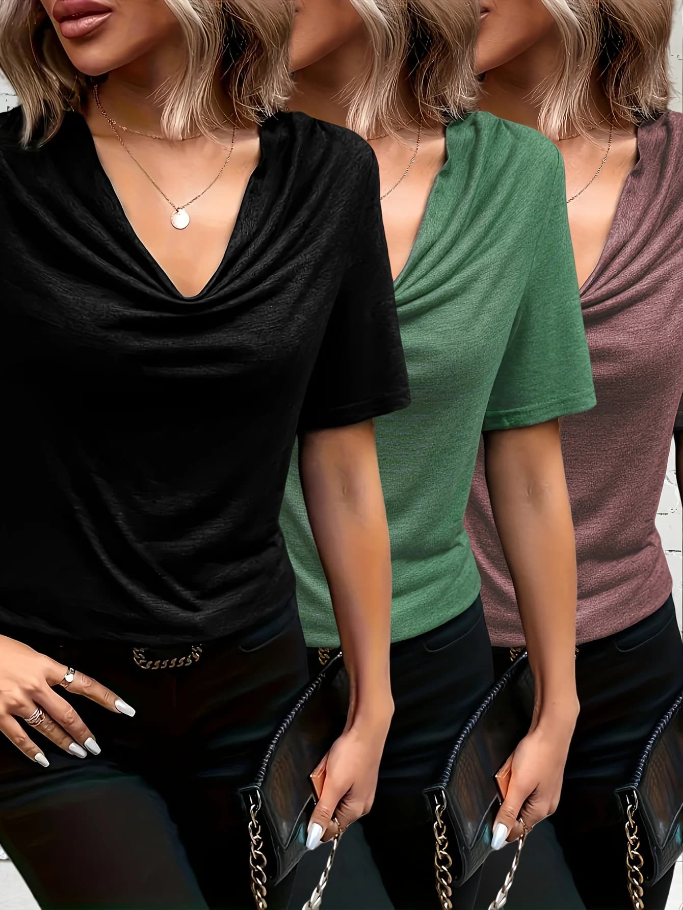 Ensemble trois pièces T-shirt à col suspendu, couleur unie, décontracté, européen et américain, prin