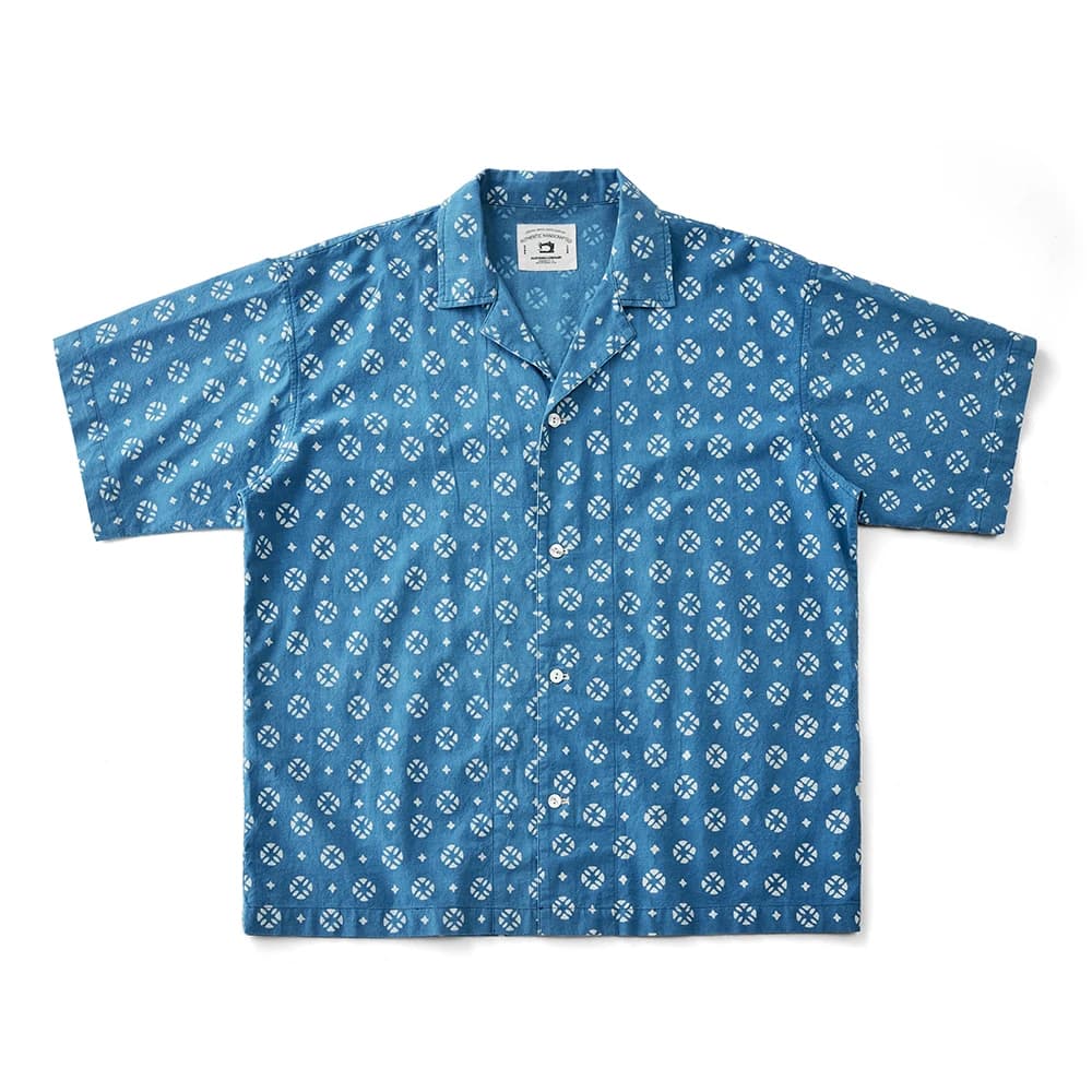 Chemise vintage imprimée indigo pour homme, nouvelle collection été, bleu teint, col cubain, manches