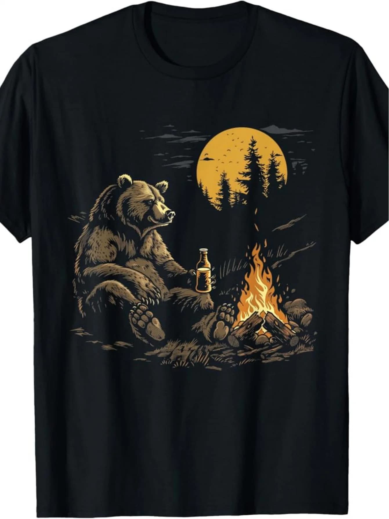 Hommes coton ours boire de la bière feu de camp graphique T-Shirt-noir à manches courtes décontracté