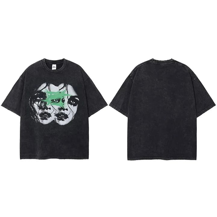 Hommes Hip Hop Streetwear T-Shirt lavé noir déchiré rétro Vintage Double visages graphique T-Shirt n