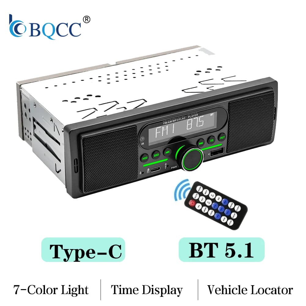 Autoradio MP3 BQCC 1Din avec lumières LED 7 couleurs, FM AM, Bluetooth, USB, AUX, haut-parleurs inté