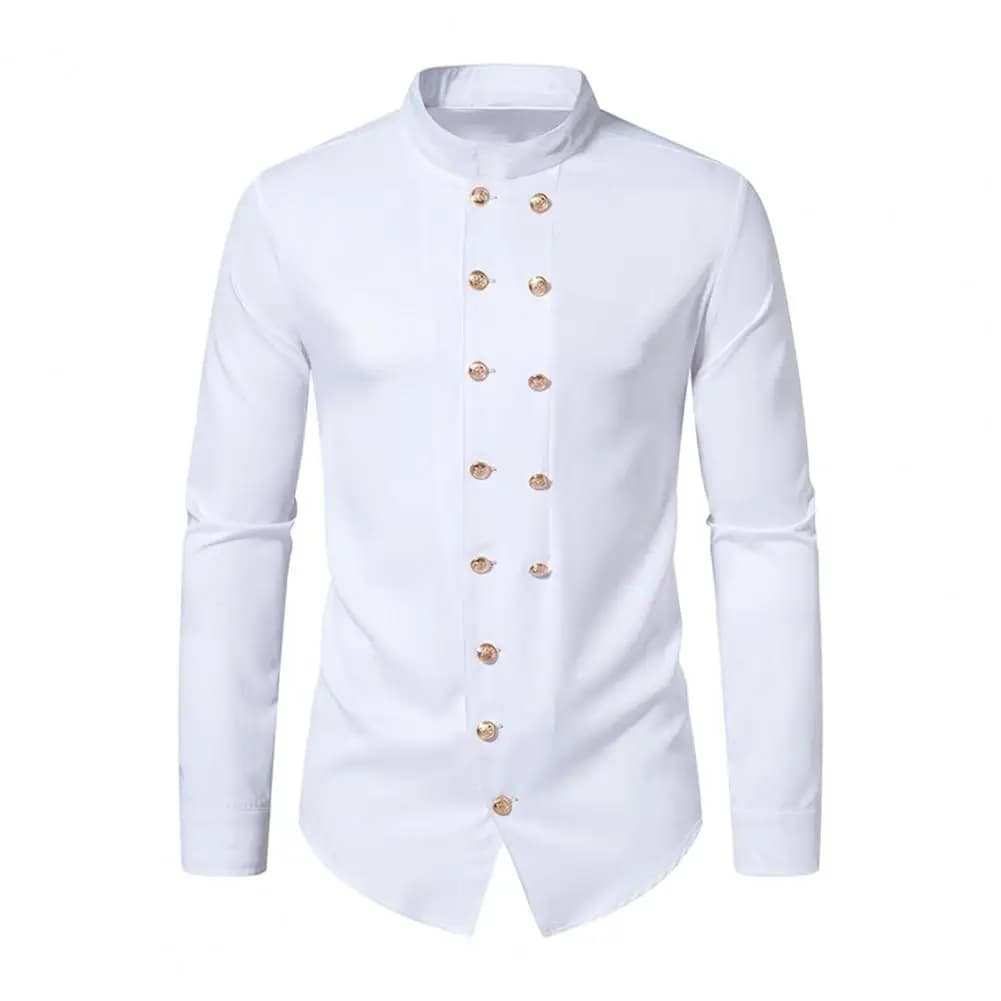 Chemise rétro à Double boutonnage pour hommes, Style Royal, col montant, manches longues, couleur un