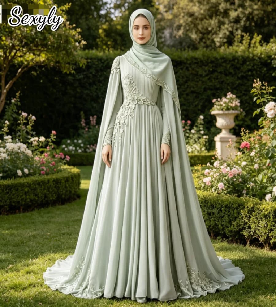 Robe de soirée Abaya musulmane vert sauge, de luxe, à manches cape, style marocain, pour bal de prom