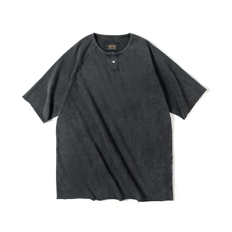 Maden – T-Shirt Henley Vintage pour hommes, haut à manches courtes, ample et décontracté, en coton,