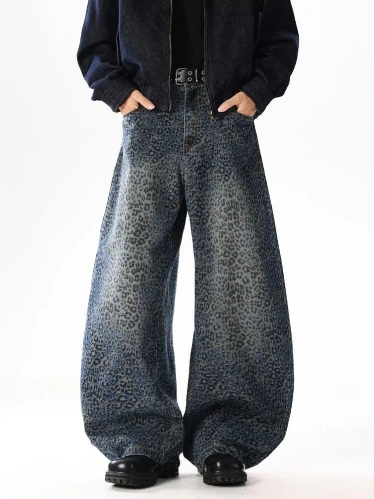 2025 Ropa Y2K mode bleu léopard Baggy nouveaux pantalons en jean pour hommes vêtements jambe large S