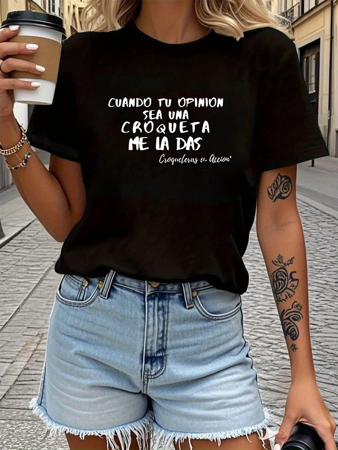 T-shirt à manches courtes pour femme avec impression de lettres espagnoles « CUANDO TU OPINIÓN SEA U