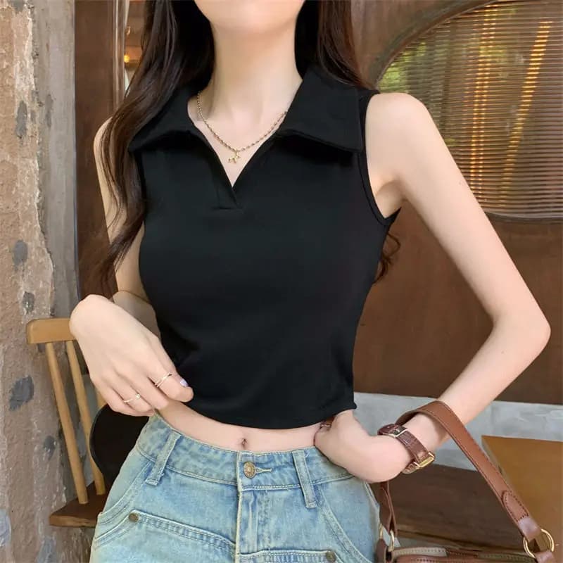 Col Polo gilet femmes été Design Niche Hong Kong Style court hauts sans manche femmes vêtements déba
