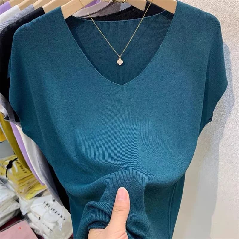 T-shirt en maille fine en soie glacée à manches courtes pour femme, col en V uni, coupe ample, style