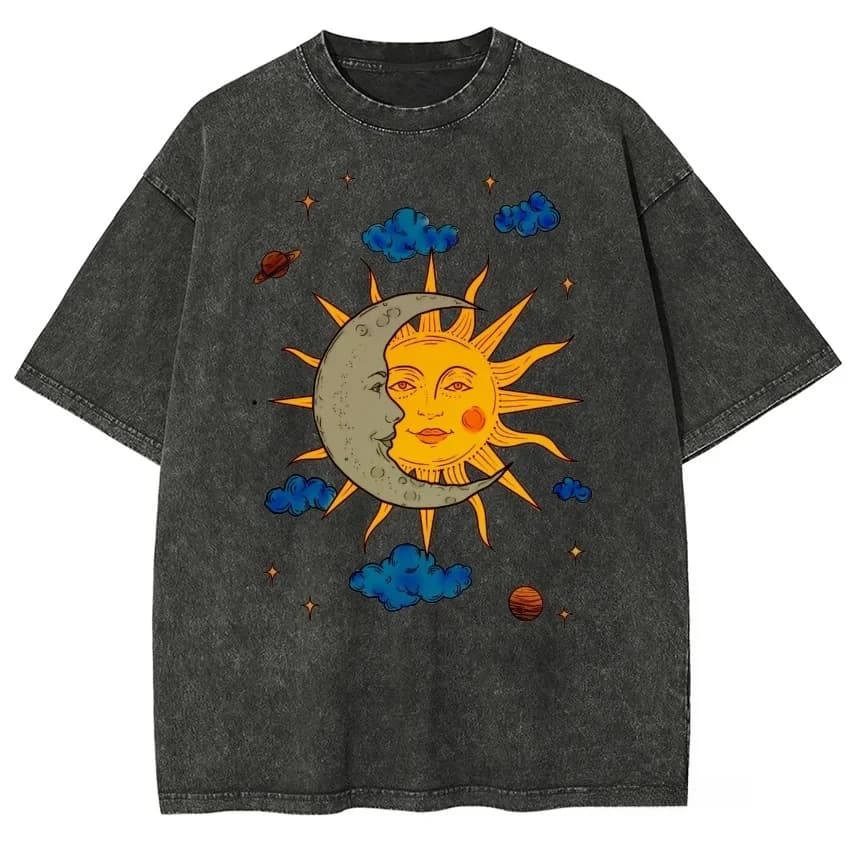 T-shirt vintage délavé avec imprimé soleil « Here Comes The Sun », T-shirt noir oversize rétro psych