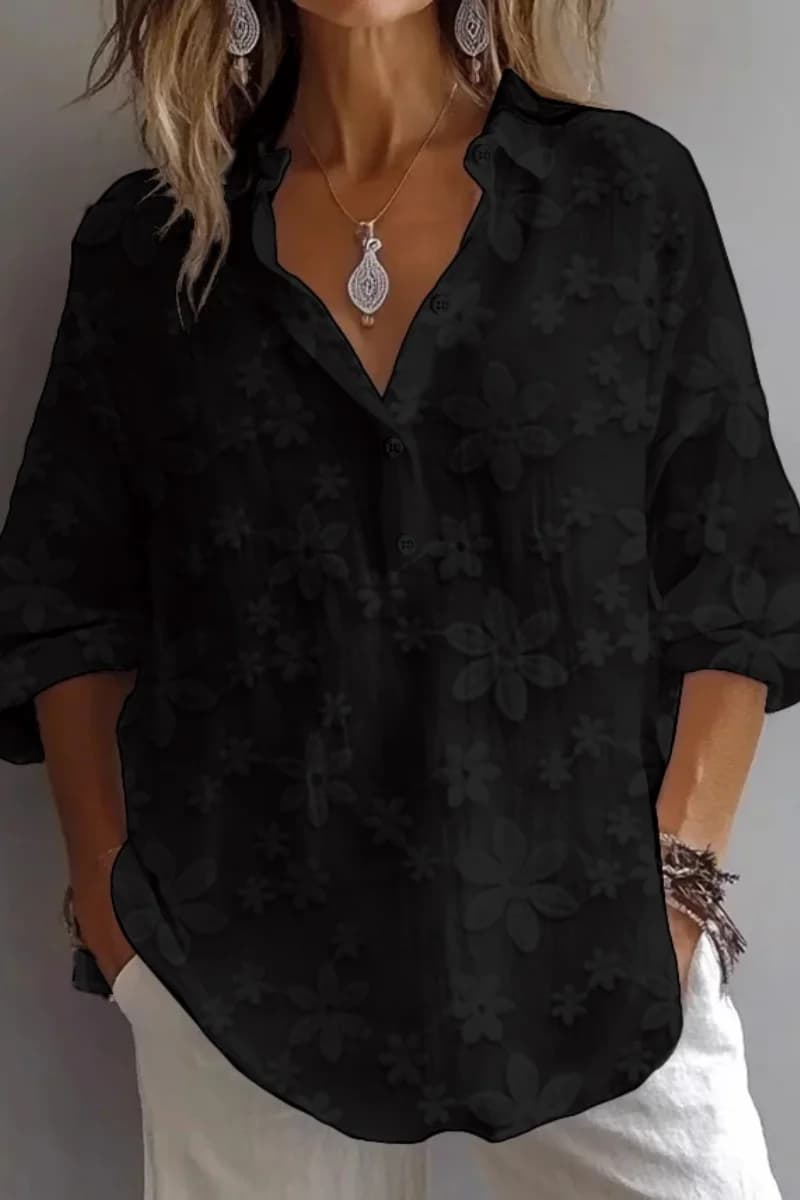 Chemisier femme chemise tunique brodée florale col en V manches longues haut adulte ample élégant pr