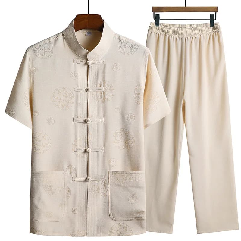 Vêtements traditionnels chinois pour hommes, hauts à manches courtes brodés vintage d'été + pantalon