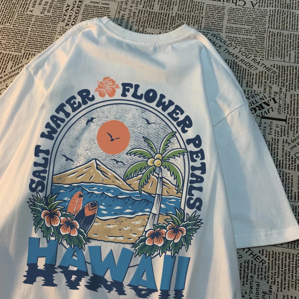 T-shirts Hawaïens à Motifs de Pétales de Fleurs 'Salt Water' pour Hommes et Femmes, T-shirts Décontr