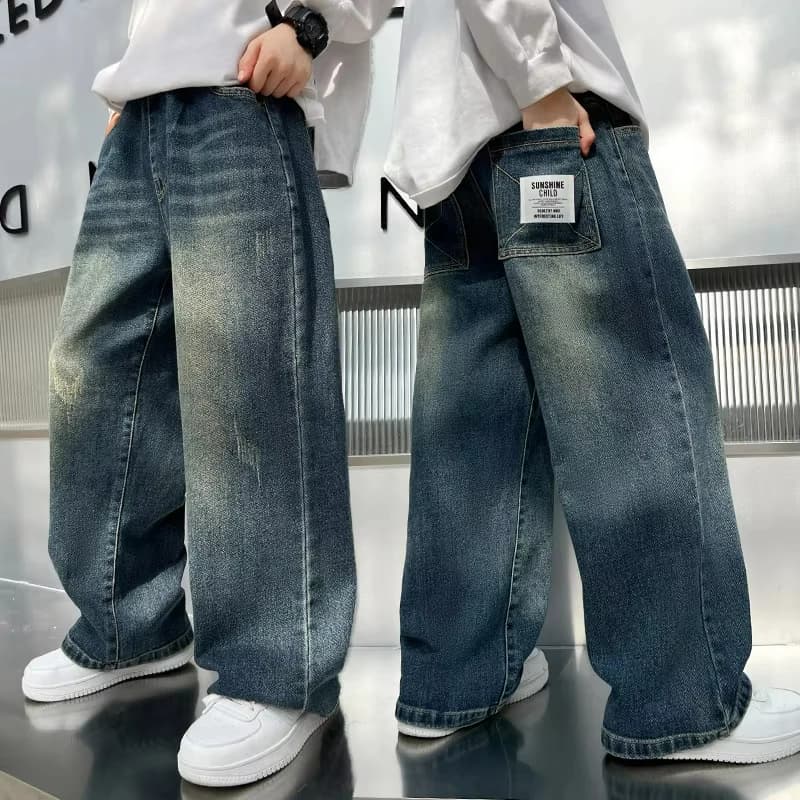 Jeans décontractés vintage pour enfants, pantalons de survêtement FJCotton, vêtements pour grands ga