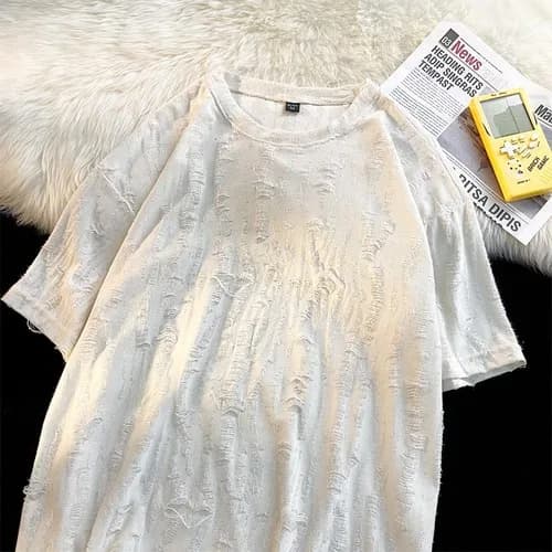Économie déchirés à col rond pour hommes, Streetwear à trous, Vêtements hip hop, Mode rétro américai