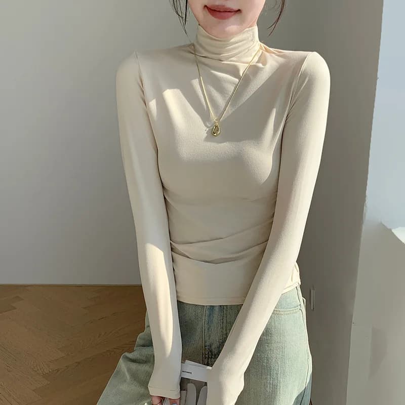 Chemise thermique semi-col roulé pour femmes, haut superposé brossé à manches longues, coupe cintrée